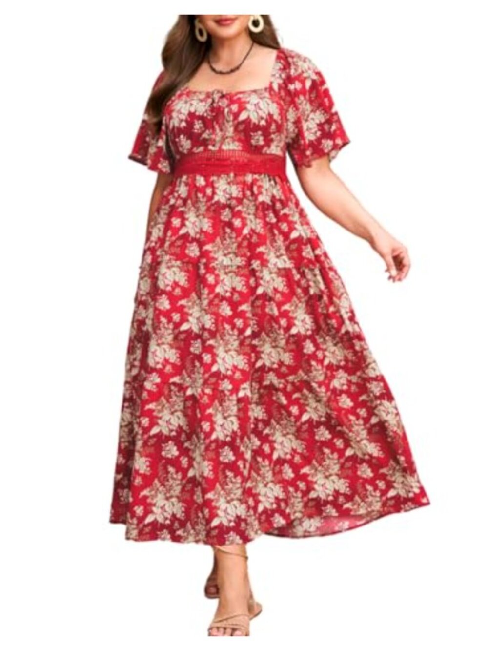 Plus Size Boho Floral Maxi Dress Off Shoulder Square Neck Smocked